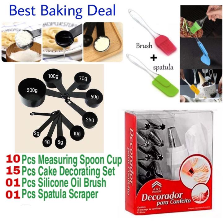 Best Baking Deal- 10Pcs Measuring Spoons, Set 15Pcs Cake Decorating Kit, 1Pcs Silicone Oil Brush and 1Pcs Spatula