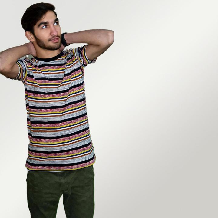 Round Neck T-Shirts for Men - Crew Neck - Strip Design - Black, Grey - Medium, Large, XL Size T Shirt