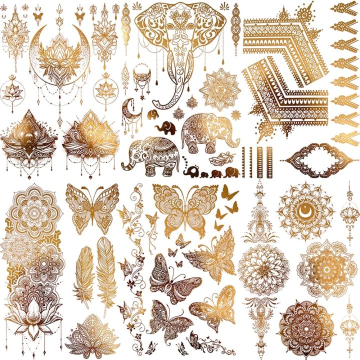 Realistic Elephant Moon Temporary Tattoos For Women Adult Butterfly Lace Mandala Tattoo Sticker Gold Waterproof Chest Tatoo