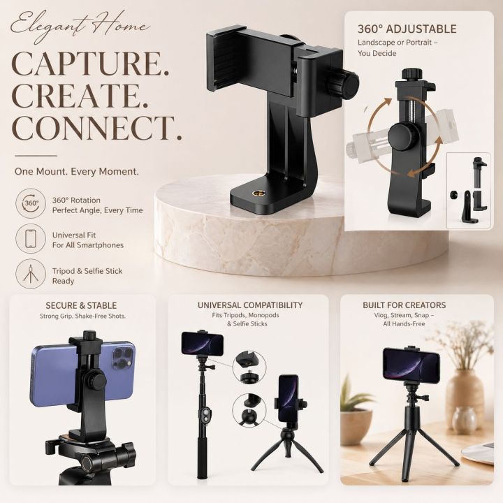 Tripod Clip Bracket Holder For Mobile Phone With 1/4 inch Nut Two Screw Holes For Vertical / Horizontal Mounting - Tripod Clip For Phone - Black