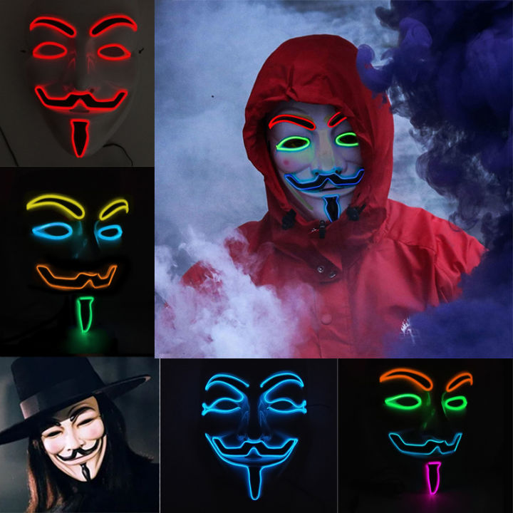Halloween Luminous Hacker Mask LED Glowing V For Vendetta Face Mask Neon Light Up Cosplay Anonymous Mask Bar Carnival Prop