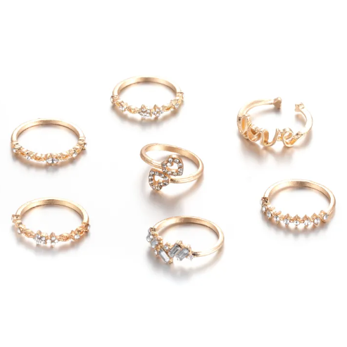 7Pcs/Set Elegant Golden Heart Love Set Rings Luxury Zircon Crystal ...