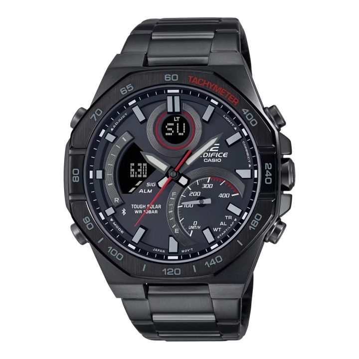 Casio Edifice Mens Black Ion Plated Stainless Steel Case Round Analog+Digital Solar Power Tachymeter Bluetooth World Time Stop Watch Calender 5 Daily Alarm LED Light Multi-Functions Black Stainless Steel Bracelet Watch-ECB-950DC-1ADF