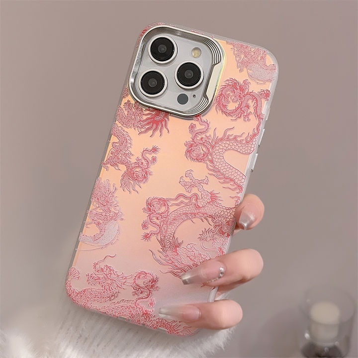 Moonlight Cartoon laser pink dragon relif 3D cute shockproof happy new year phone case for iphone 11 12 promax 13 14 15 pro max plus cover