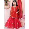 Red  Kids Gharara Suit With Dupatta  ( Fabric Tissue And Linen)  ( Size 1 Yrs To 9 Yrs). 