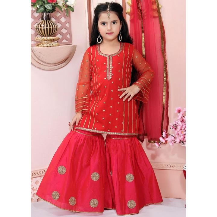 Red  Kids Gharara Suit With Dupatta  ( Fabric Tissue And Linen)  ( Size 1 Yrs To 9 Yrs)