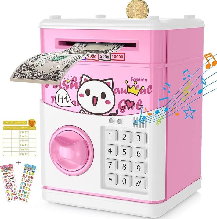 Bank for Boys Girls, 4 5 6 7 8 9 10 Year Old Girl Boy Birthday Gift Ideas, Electronic Password Money Saving Box ATM, Great Gift Safe Bank Toys for Kids (Blue White)