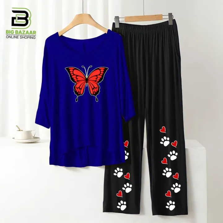 "Stay%20Chic%20and%20Comfortable:%20Summer%20Style%20Printed%20Lounge%20Wear%20with%20Stylish%20Back%20Long%20T-shirt%20and%20Black%20Flapper%20Trouser%20in%20Soft%20Jersey%20Fabric!"%20-%20Image%204