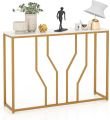 Gold Console Table, 40” Modern Narrow Entryway Table with Marble effect MDF Sheet Tabletop, Metal Frame, Long Couch Table, Behind Sofa Table. 