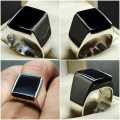 Square Shape Natural Black Agate Women Plain Ring Sterling Silver 925 Handmade Black Aqeeq Ring. 