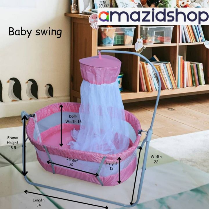 Amazidshop baby Cot Swing In Metal Frame Bed & Cradle  With Stand Support & Mosquito Net for 0-10 Month baby M2dx