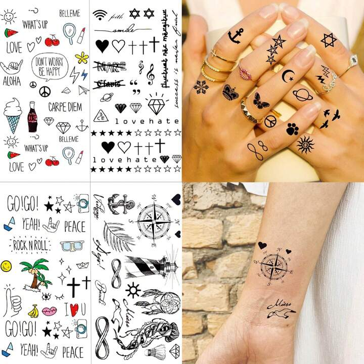 TMS Fake Tiny Temporary Tattoo 5 Sheets With Multiple Sticker Black Sketch Ink Line Small Tattoos Stickers, Body Face Hand Wrist