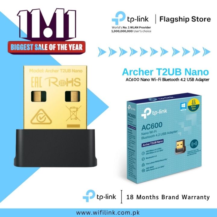TP-Link Wi-Fi Adapter & Bluetooth Archer T2UB Nano AC600 Dual Band Wi-Fi Adapter & Wi-Fi Bluetooth 4.2 USB Dongle Network Adapter - 18 Months Brand Warranty