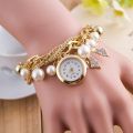 Golden Watch Pearls Bracelet and Ladies Watches For Girls. 