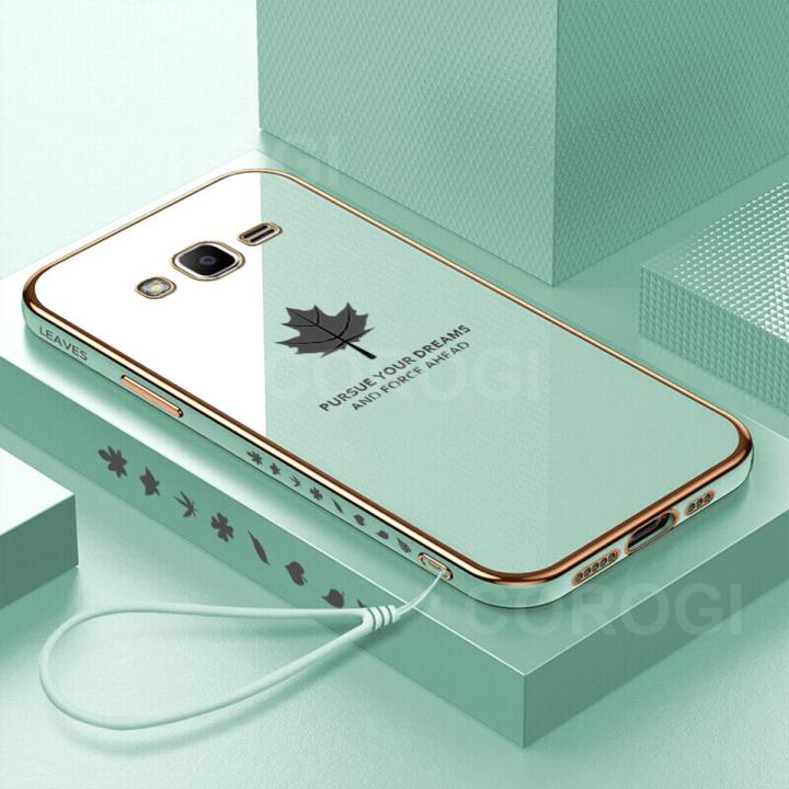 For Samsung Galaxy Grand Prime Plus Back Cover with Lanyard Fashion Shiny Plating Maple Leaf Design Camera Lens Protection Square Edge Soft Silicone Protective Phone Case