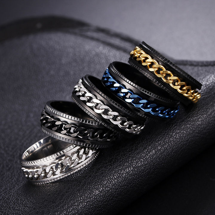 Silver Polishing Hip Hop Punk Spinning Rotatable With Chain Funky Hippy Stainless Steel Finger Rings Men Jewelry for Man