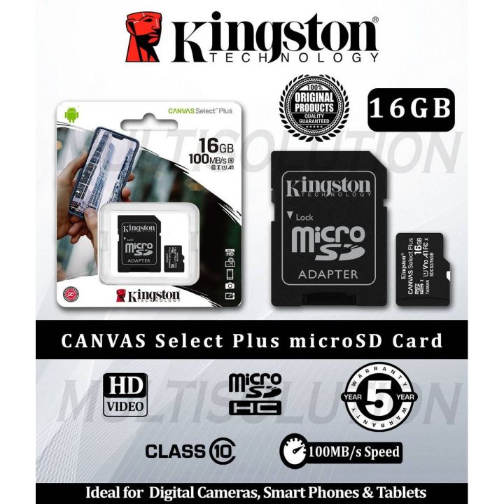 Kingston 16GB,32 GB,64 GB,128GB microSD Canvas Select Memory Card - Class 10 100MB Read Speed - 5 Years Warranty
