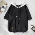 Short hoodie for summer fashion label loose fitting men's top, half sleeved shirt, t-shirt. 