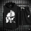 5 Ú Black Vinyl Dumble Printed Gym Summer Hooded Sleeveless Tracksuit for Mens (Hooded Tshirt + Trouser ). 
