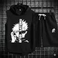 5 Ú Black Vinyl Dumble Printed Gym Summer Hooded Sleeveless Tracksuit for Mens (Hooded Tshirt + Trouser ). 