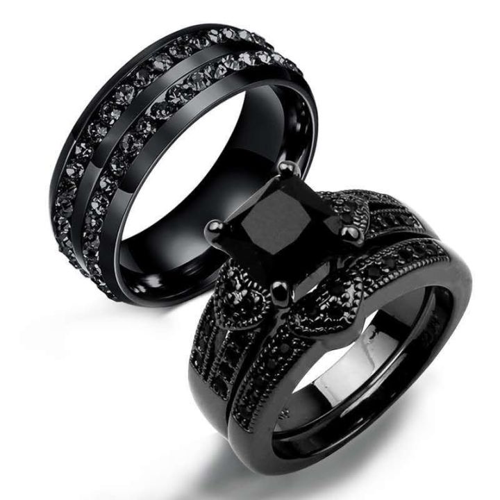 WDR012 Couple Ring Bridal Sets His Hers Women 18k Black Diamond Plated ...