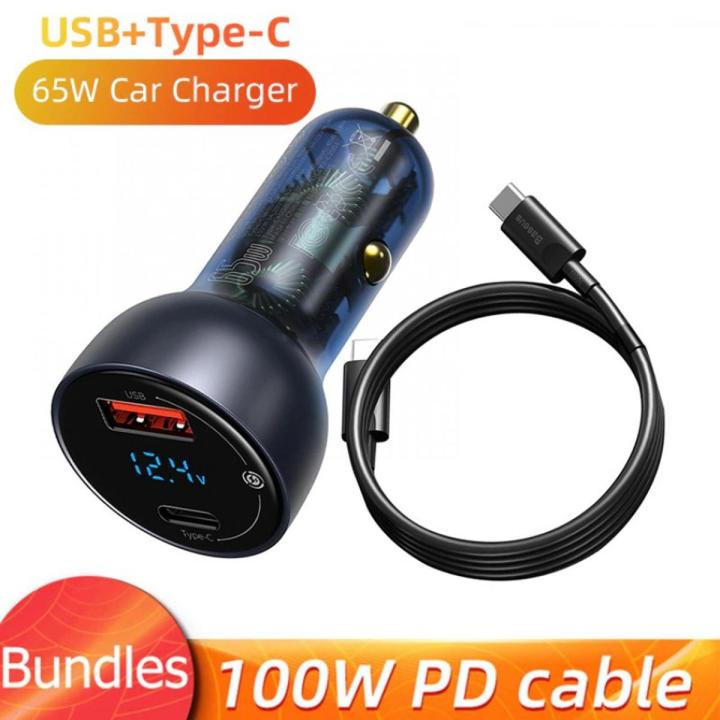 Baseus Digital Display QC+PPS Quick Car Charger 65W Output with Type-C to C Cable