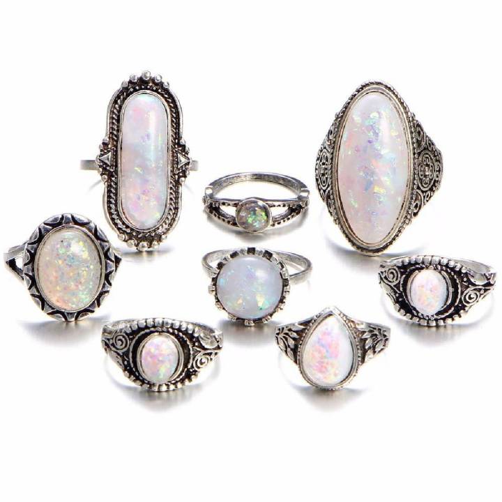 rings 8PC Boho Jewelry Silver Natural Gemstone Marquise Moonstone Personalized Ring