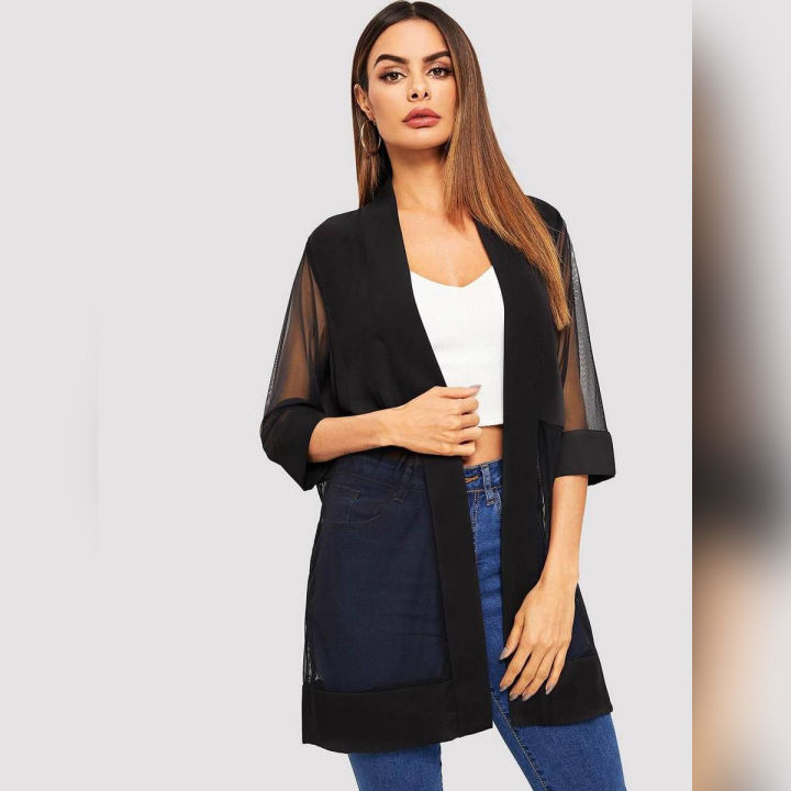Black Mesh Front Kimono Shrug For Women. SD-652
