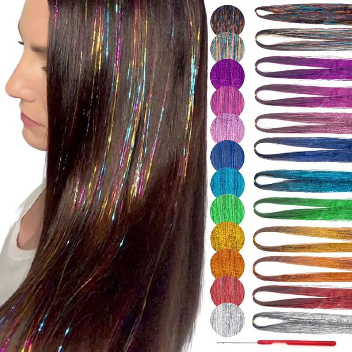 Pack of 6 Colors Hair Extensions Silk Extensions Hair Decoration Hair Tinsel Shiny Glitter-Multi