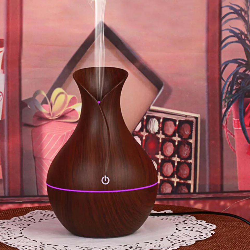 2-In-1: LED Light Aromatherapy Diffuser and Quiet Ultrasonic Humidifier – Refined Small Vase Design with Dark Wood Finish,