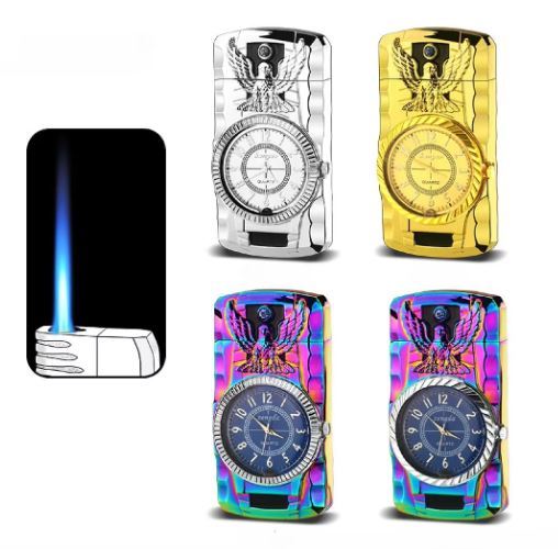 Random head double flame lighter with watch ┃ Kitchen Outdoor Portable Barbecue Camping Cigar Lighter ┃ Windproof inflatable Lighter ┃ Refillable Windproof Straight Flame Lighter | Gas stove lighter  | Stove gas lighter