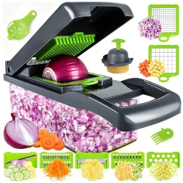 16-in-1 Multifunctional Vegetable Cutter & Chopper | Manual Slicer, Dicer, Grater & Peeler for Fruits, Onion, Potato & Cheese | Stainless Steel Blades - for Easy Kitchen Use