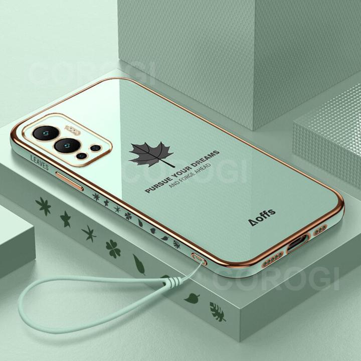 For Infinix Hot 12 Back Cover with Lanyard Fashion Shiny Plating Maple Leaf Design Camera Lens Protection Square Edge Soft Silicone Protective Phone Case