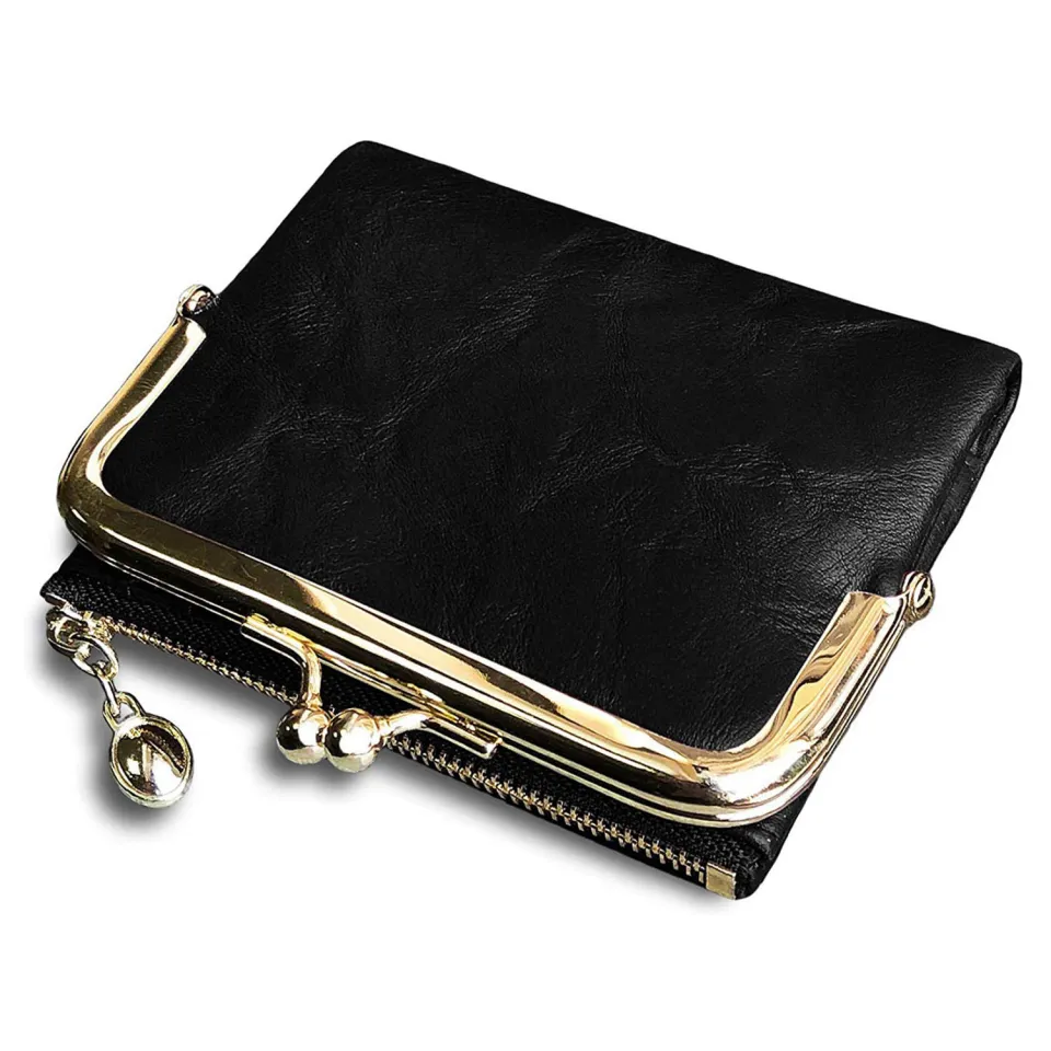 Women s Short Wallet Bifold Retro Multifunction Coin Purse with Zip and Kiss Lock Black Daraz.pk