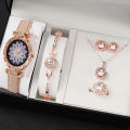 6-piece Luxury Watch and Jewelry Set for Women, Quartz Watch with Diamond Necklace and Bracelet. 