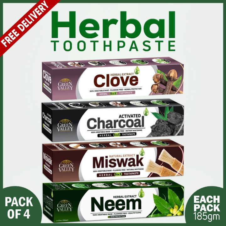 Green Valley Toothpaste (Pack of 4) - Neem, Charcoal, Miswak, Clove | 185g | Fluoride-Free | 5 Herb Protection | 100% Vegetable-Based | Export Quality