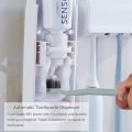 Smart Touch Automatic Toothpaste Squeezer with Hanging Toothbrush Holder – Sleek Blue Wall Mounted Bathroom Set. 
