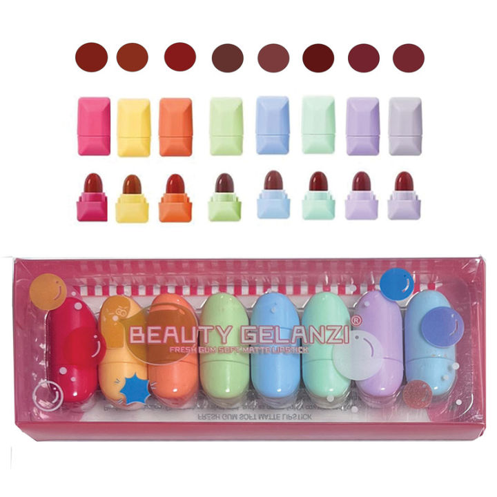 Beauty Glelanzi Mini 08 Pcs Candy Shape Lipstick Set Cute Matte Lipstick Velvet Lipsticks For Women And For Girls