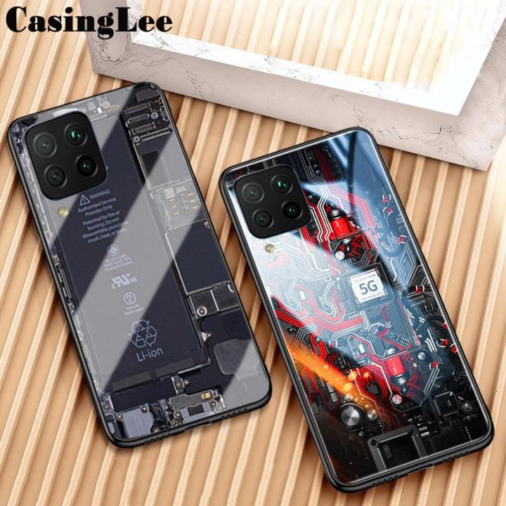 For Samsung Galaxy M12 case Explorer Version Theme Case Tempered Glass Protector Back Cover for Samsung M12 Clear Circuit Board Design Full Coverage Phone cases