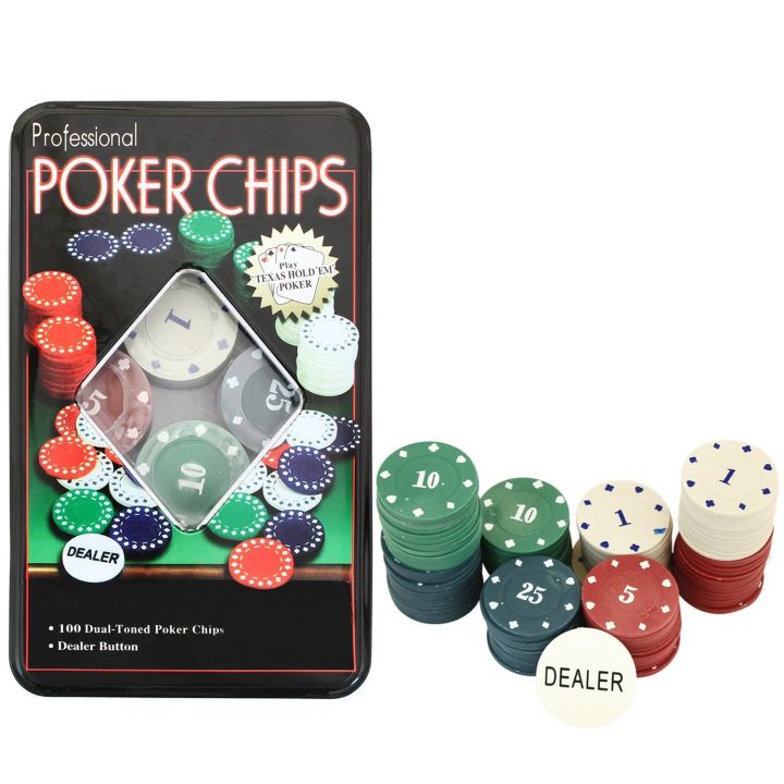 100 Pieces Poke Chips Poke Game 100 Chips Dealer Button Chip Holder and Tin Storage Box Set