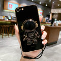 For iPhone 6s Plus / iPhone 6 Plus Back Cover with Lanyard + Cartoon Astronaut Folding Stand Luxury 6D Plating Frame Shiny Cases Soft Silicone Square Protective Mobile Phone Case. 
