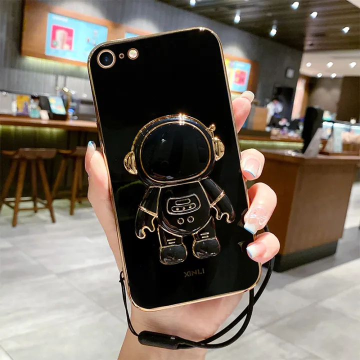 COROGI%20for%20iPhone%206s%20/%20iPhone%206%20Back%20Cover%20Cartoon%20Astronaut%20Folding%20Stand%20Stylish%206D%20Plating%20Square%20Bumper%20Case%20with%20Lanyard%20Soft%20Silicone%20Phone%20Cases%20Covers%20Pouch%20for%20Girls%20Boys%20-%20Image%203