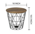 METAL WIRE REMOVABLE WOOD TOP ROUND COFFEE SIDE TABLE STORAGE BASKET TABLE (16 x 16 x 18.5). 