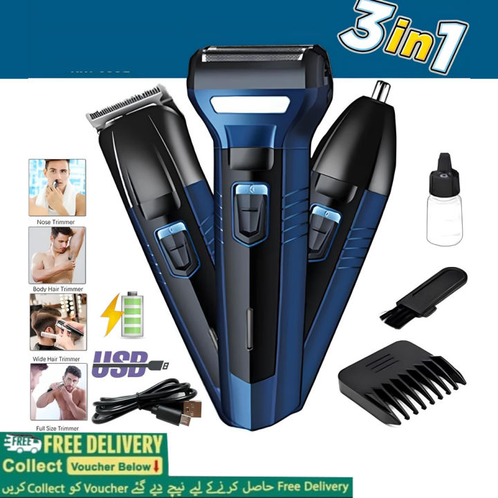 3 in 1 Rechargeable Shaving Machine for Men – Beard Trimmer, Hair Clipper & Facial Shaver with Precision Beard Shaping Tool