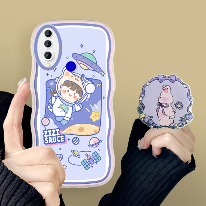 TA for Huawei Y9 Prime 2019 Back Cover Cute Space Girl Fashion Wavy Phone Case With Free Holder Camera Protection Transparent TPU Soft Cover