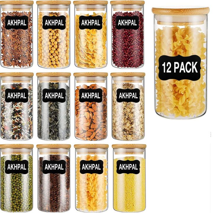 AKHPAL 12 PIECES Glass Food Storage Containers Set,  1400ML Spice Jar Set, kitchen Jars with Bamboo Airtight Lids and Labels, Clear Food Storage Containers for Pantry for Sugar, Salt...
