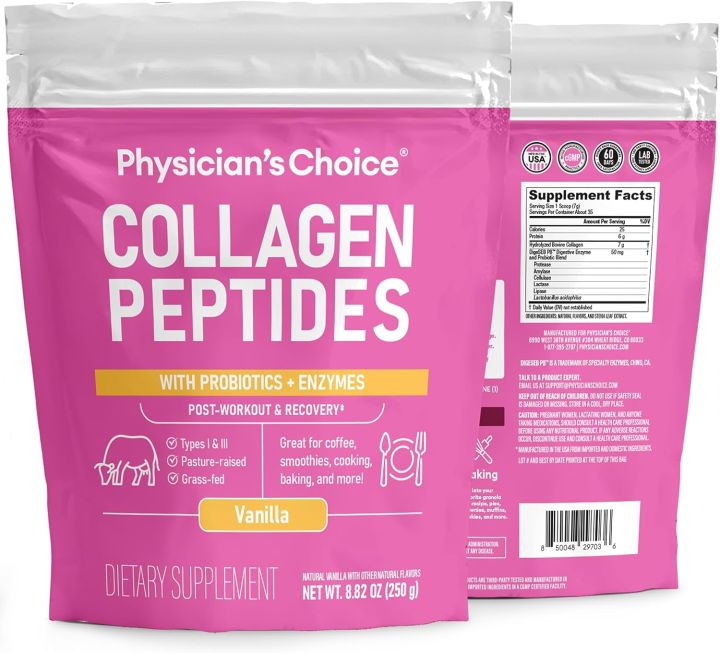 Physician's CHOICE Collagen Peptides Powder (Hydrolyzed Protein - Type I & III) w/Digestive Enzymes - Keto Collagen Powder for Women & Men - Hair, Skin, Joints, Workout Recovery - Grass Fed - Vanilla 250gm