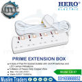 "Hero Power Extension Box EB-07: High-Quality Heavy-Duty Extension Board - 4 Flat Pin Sockets, 13A Max, 3250W, 5m Long Copper Wire, Light Indicator, On/Off Switch - Elevate Your Power Solutions Without USB". 