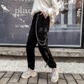 Women Men Cargo Pockets Ankle Trousers High Waist Chain Hip-hop Punk Black Harem Pants Streetwear. 