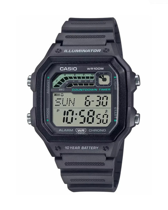 Casio General Men Black Resin Case Square Digital World Time, Stop Watch, Timer, Alarm, LED Light, Calendar, Multi-Function Black Resin Strap Watch-WS-1600H-8AVDF